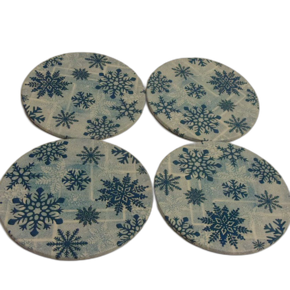 Set of 4 Snow Flake Coasters in Tin Blues White